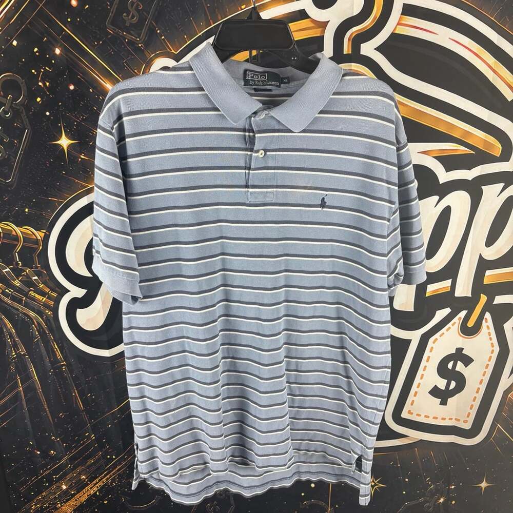 Vintage Polo Ralph Lauren Blue & White Striped Short Sleeve Polo Shirt XL